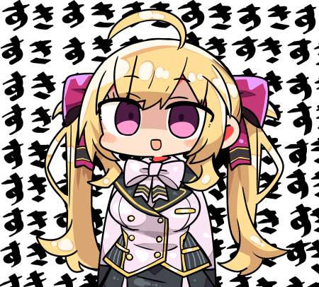 1girl :d ahoge background_text bangs black_skirt blonde_hair bow breasts chibi empty_eyes eyebrows_visible_through_hair hair_bow jacket kanikama long_hair looking_at_viewer lowres medium_breasts nijisanji open_mouth pleated_skirt purple_bow simple_background skirt smile solo takamiya_rion translation_request twintails very_long_hair violet_eyes virtual_youtuber white_background white_bow white_jacket