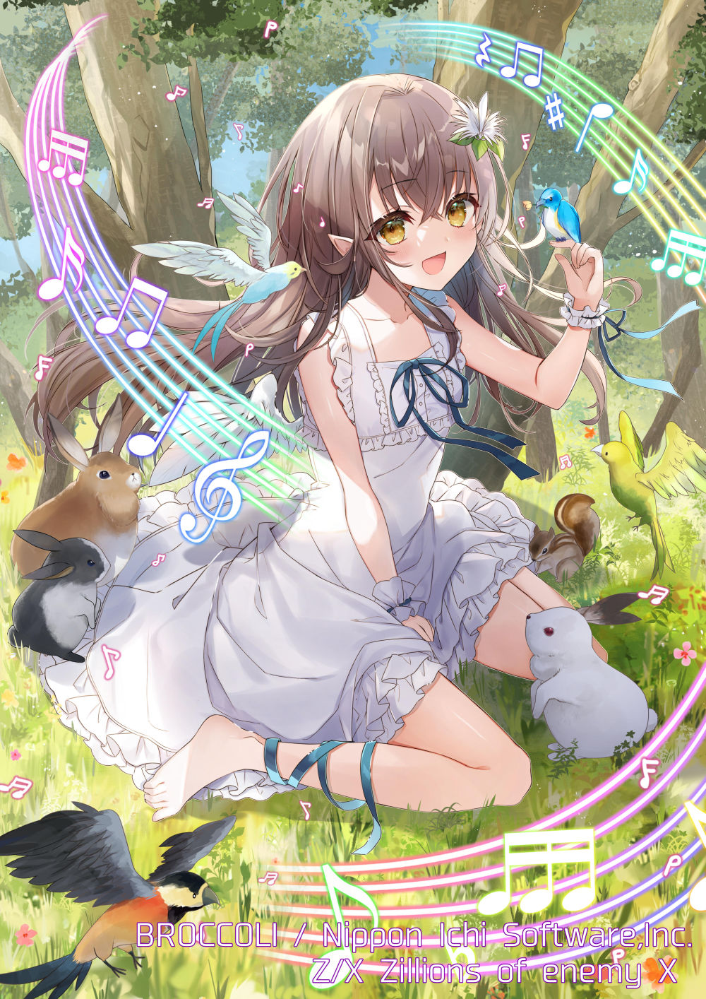 1girl :d animal_on_hand bangs bare_shoulders barefoot beamed_eighth_notes beamed_sixteenth_notes between_legs bird blue_ribbon blush brown_eyes brown_hair collarbone commentary_request dress eyebrows_visible_through_hair flower forest frilled_dress frills hair_between_eyes hair_flower hair_ornament hand_between_legs hand_up highres long_hair looking_at_viewer music musical_note natsuki_(ukiwakudasai) nature official_art on_grass open_mouth pecteilis pointy_ears quarter_note rabbit ribbon singing sleeveless sleeveless_dress smile solo squirrel treble_clef tree very_long_hair watermark white_dress white_flower wrist_cuffs z/x
