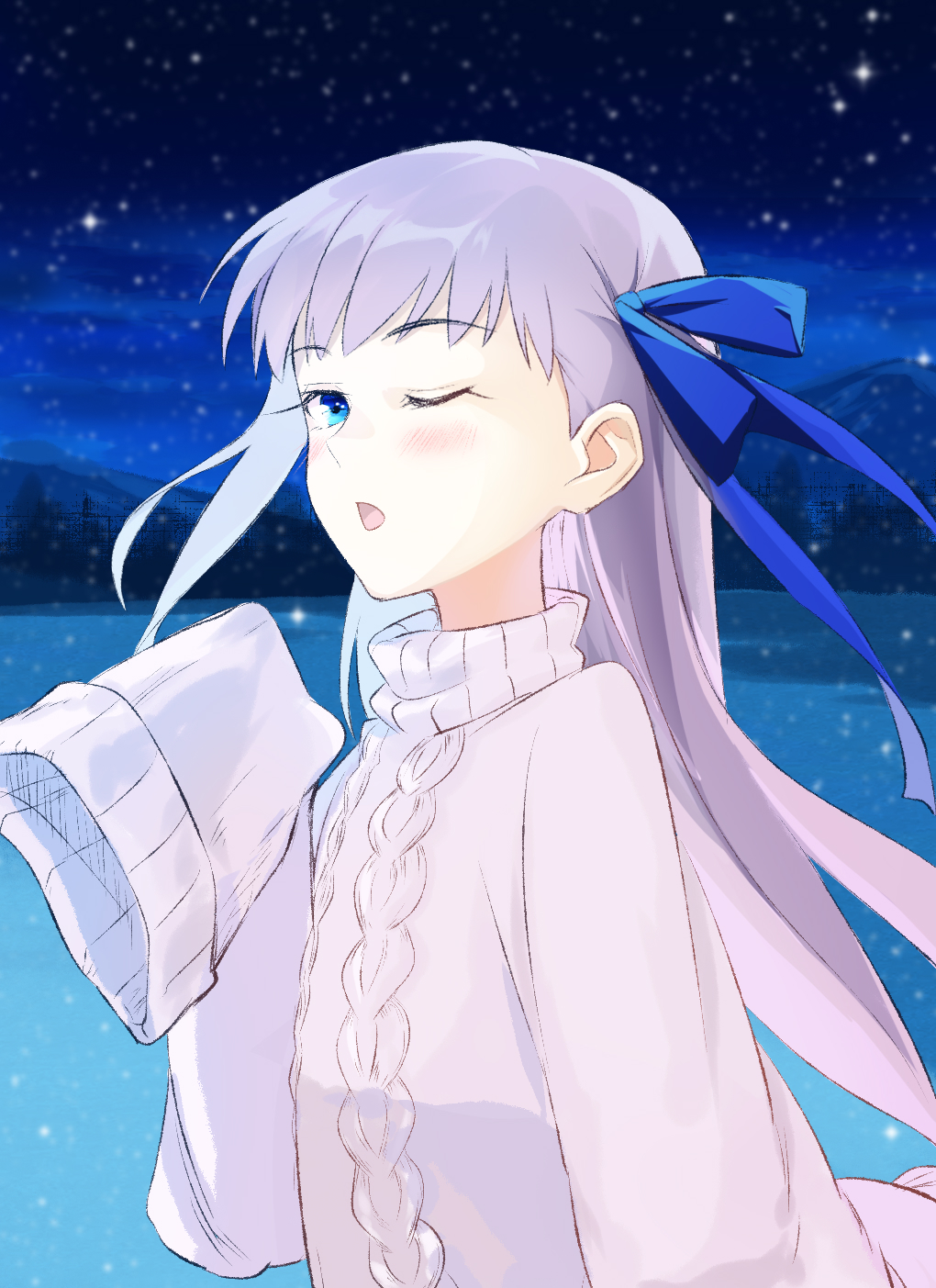 1girl bangs blue_eyes blue_ribbon blush breasts coffeekite fate/extra fate/extra_ccc fate_(series) hair_ribbon highres long_hair long_sleeves looking_at_viewer meltryllis_(fate) night night_sky one_eye_closed open_mouth purple_hair ribbon sky small_breasts snowing sweater turtleneck turtleneck_sweater very_long_hair white_sweater