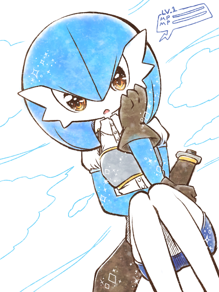 1girl armor bangs blue_hair blue_skin blue_skirt bob_cut breastplate brown_gloves buttons clothed_pokemon clouds collared_shirt colored_skin commentary_request diamond_(shape) dutch_angle gardevoir gen_3_pokemon gloves hair_between_eyes hand_on_own_cheek hand_on_own_face hand_up health_bar knees_together_feet_apart looking_at_viewer miniskirt muguet multicolored multicolored_skin open_mouth orange_eyes outdoors pencil_skirt pokemon pokemon_(creature) puffy_short_sleeves puffy_sleeves sheath sheathed shirt short_hair short_sleeves simple_background sitting skirt solo sparkle speech_bubble straight-on sword two-tone_skin weapon white_background white_shirt white_skin