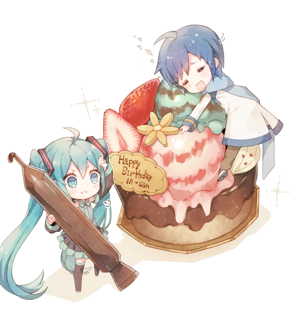 1boy 1girl =3 ahoge aqua_eyes aqua_hair aqua_neckwear bare_shoulders birthday black_legwear black_skirt black_sleeves blue_hair blue_scarf brown_pants cake chibi chocolate_mint_ice_cream coat commentary detached_sleeves food fruit fudge grey_shirt hair_ornament happy_birthday hatsune_miku heart holding kaito long_hair miniskirt necktie niwako object_hug open_mouth pants pleated_skirt scarf shirt skirt sleeveless sleeveless_shirt smile strawberry thigh-highs twintails very_long_hair vocaloid white_background white_coat wiping_forehead zettai_ryouiki