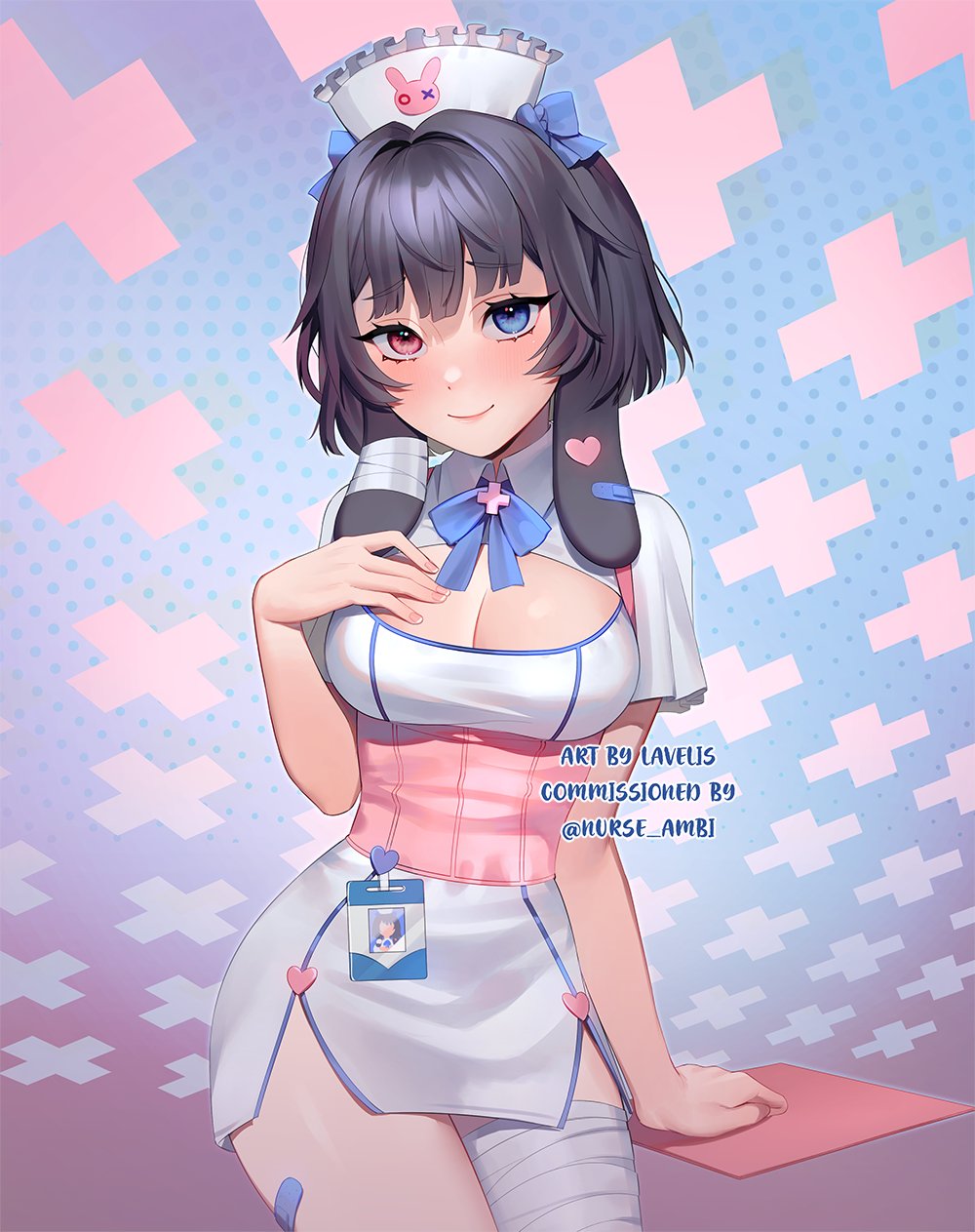 1girl ambi_(vtuber) animal_ears arm_support bandaged_leg bandages bandaid_on_ear black_hair blue_bow blue_eyes blue_neckwear blue_ribbon blush bow breast_suppress breasts cleavage_cutout closed_mouth clothing_cutout collared_dress commentary commission cowboy_shot ear_ornament english_commentary fingernails hair_bow hand_up hat head_tilt heart heterochromia highres id_card indie_virtual_youtuber large_breasts lavelis looking_at_viewer medium_hair neck_ribbon nurse nurse_cap original pink_eyes rabbit_ears ribbon sitting smile solo underbust wing_collar