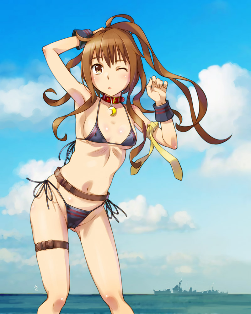 1girl adapted_costume animal_collar armband belt bikini black_bikini blue_sky breasts brown_eyes brown_hair clouds collar commentary_request covered_nipples cowboy_shot crescent day destroyer fumizuki_(destroyer) fumizuki_(kancolle) horizon kantai_collection leaning_forward long_hair looking_at_viewer military military_vehicle object_namesake ocean outdoors ponytail remodel_(kantai_collection) sameha_ikuya ship side-tie_bikini silhouette sky small_breasts solo standing swimsuit warship watercraft wrist_cuffs