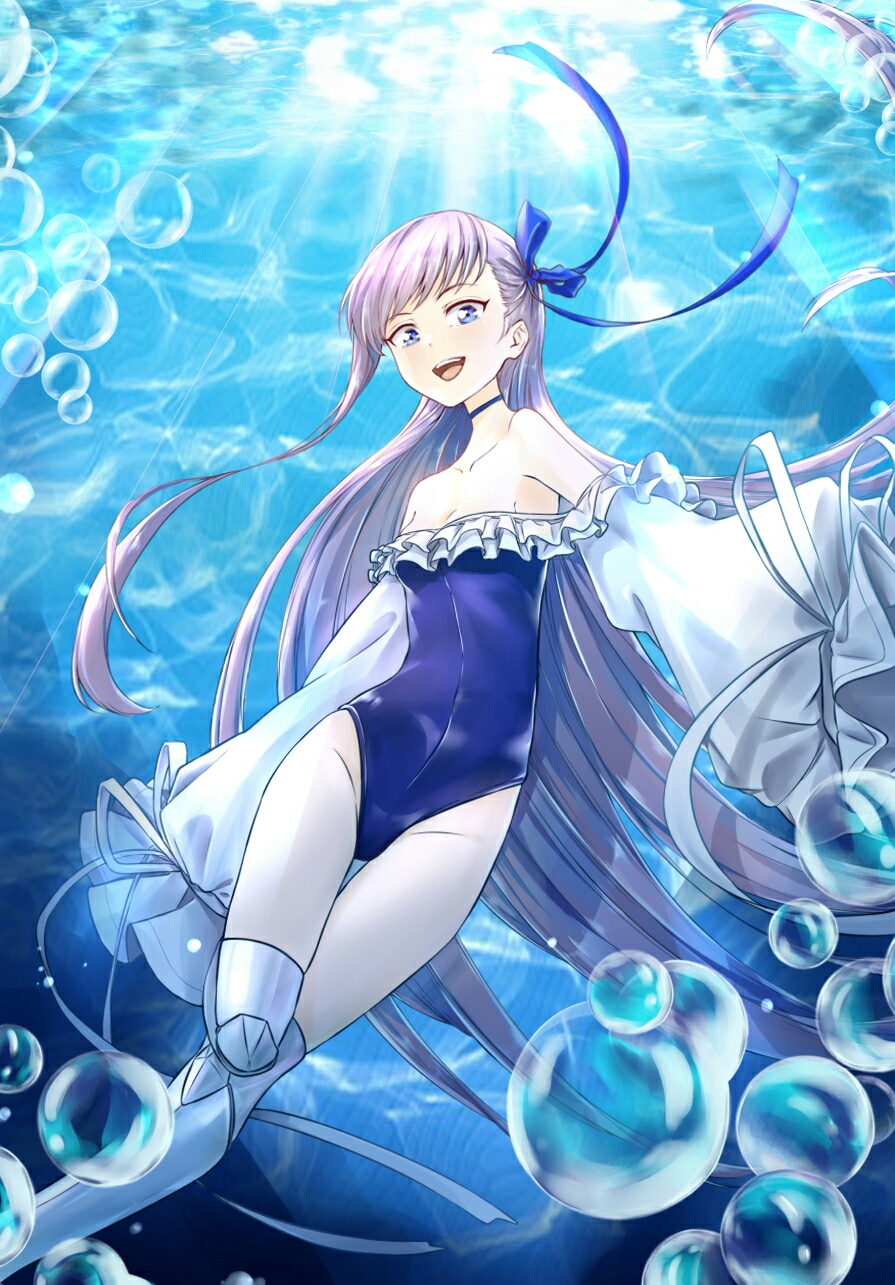 1girl air_bubble bangs bare_shoulders blue_eyes blue_ribbon blush breasts bubble choker coffeekite collarbone fate/grand_order fate_(series) frills greaves hair_ribbon highleg highleg_swimsuit highres long_hair long_sleeves looking_at_viewer meltryllis_(fate) meltryllis_(swimsuit_lancer)_(fate) off-shoulder_swimsuit off_shoulder one-piece_swimsuit open_mouth prosthesis prosthetic_leg puffy_sleeves purple_hair ribbon sleeves_past_fingers sleeves_past_wrists small_breasts swimming swimsuit underwater very_long_hair white_ribbon