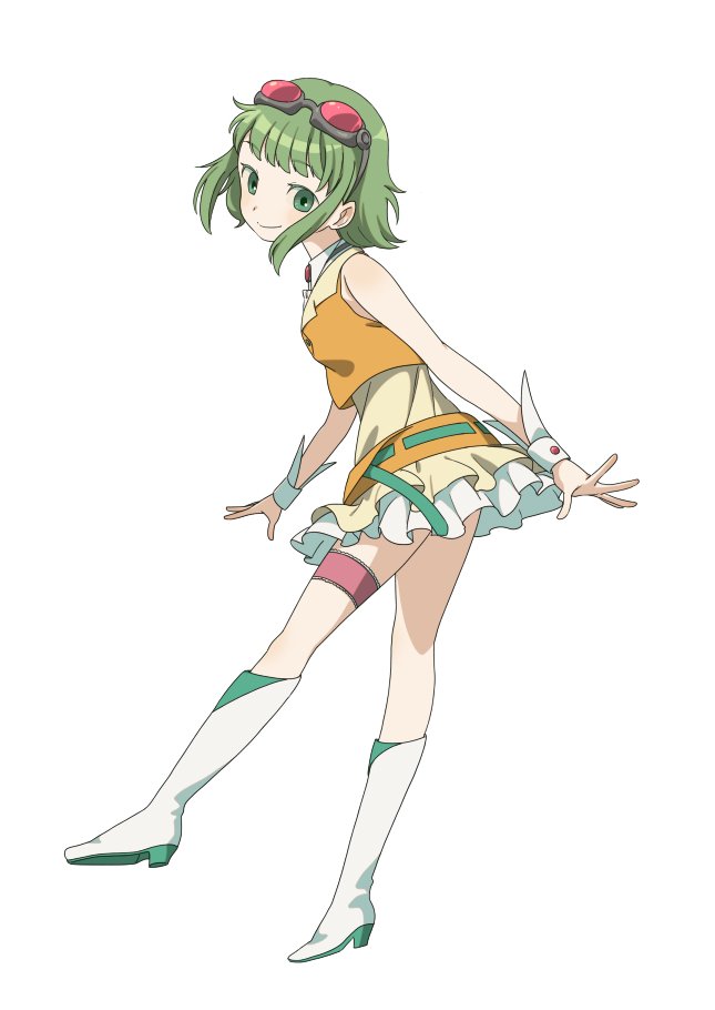 1girl arms_at_sides bare_arms belt boots breasts closed_mouth colored_eyelashes contrapposto crop_top dot_nose eyebrows_visible_through_hair frilled_legwear frilled_skirt frills full_body goggles goggles_on_head green_belt green_eyes green_hair gumi happy knee_boots leg_up light_blush looking_at_viewer looking_back shiny shiny_hair short_hair_with_long_locks simple_background skirt small_breasts smile solo standing standing_on_one_leg tareme thigh_strap torla16 vocaloid white_background white_footwear wrist_cuffs