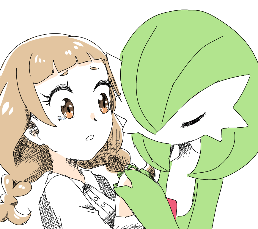 2girls bangs blunt_bangs bob_cut braid breasts brown_eyes brown_hair closed_eyes collared_shirt colored_skin commentary_request flat_chest from_side gardevoir gen_3_pokemon green_hair green_skin hair_over_one_eye hands_up holding_hands long_hair long_sleeves looking_at_another muguet multicolored multicolored_skin multiple_girls original pokemon pokemon_(creature) sad shiny shiny_hair shirt short_hair sidelocks simple_background sketch small_breasts tears translation_request twin_braids two-tone_skin white_background white_shirt white_skin wide-eyed yuri