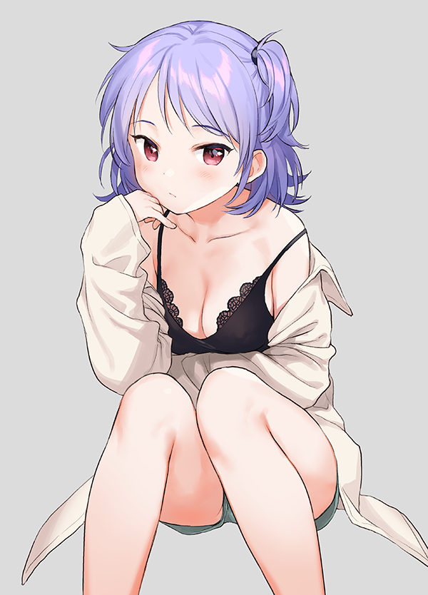 1girl bangs black_bra bra breast_rest breasts collarbone eyebrows_visible_through_hair grey_background head_rest lace-trimmed_bra lace_trim legs long_sleeves looking_at_viewer medium_breasts off_shoulder open_clothes open_shirt original purple_hair red_eyes sekiya_asami short_hair short_ponytail shorts simple_background sitting solo underwear