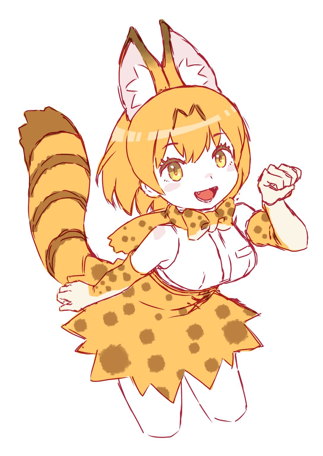 1girl :d animal_ear_fluff animal_ears bangs bare_shoulders blonde_hair blush_stickers bow bowtie breasts commentary_request cowboy_shot cropped_legs elbow_gloves eyebrows_visible_through_hair fangs gloves highres kemono_friends kinkitsu1824 leaning_forward looking_at_viewer medium_breasts open_mouth orange_bow orange_gloves orange_neckwear orange_skirt paw_pose serval_(kemono_friends) serval_ears serval_print serval_tail shirt short_hair simple_background sketch skirt sleeveless sleeveless_shirt smile solo standing tail white_background white_shirt yellow_eyes
