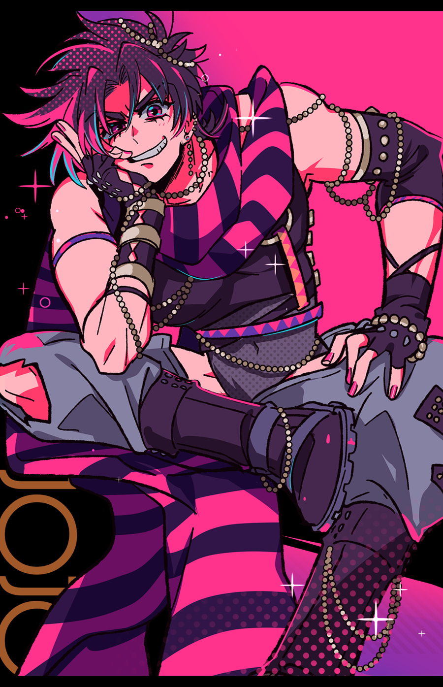 1boy armband battle_tendency boots bracelet chaps character_name commentary_request covered_navel crop_top ear_piercing earrings elbow_sleeve fingerless_gloves foot_out_of_frame gloves grin halftone hand_on_own_cheek hand_on_own_face head_rest highres jewelry jojo_no_kimyou_na_bouken joseph_joestar_(young) karabako leotard leotard_under_clothes letterboxed looking_at_viewer male_focus multicolored_hair nail_polish necklace piercing pink_eyes pink_nails purple_footwear purple_gloves purple_hair scarf short_hair sleeveless smile solo sparkle streaked_hair striped striped_scarf torn_clothes