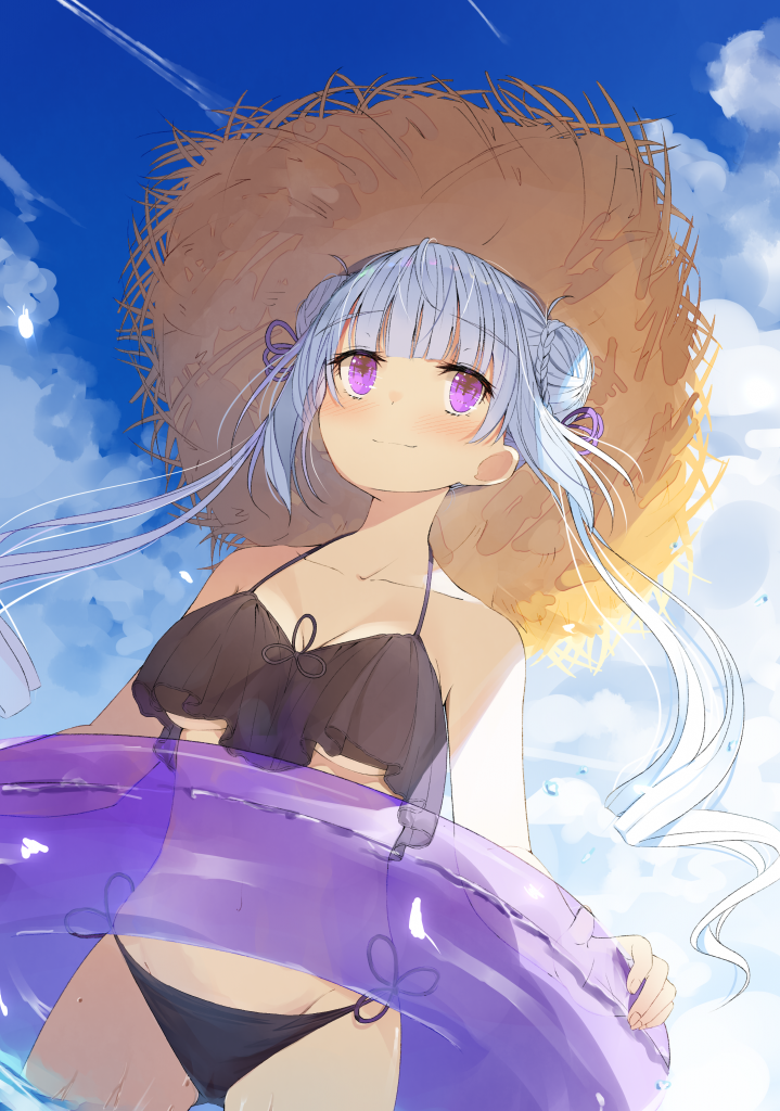 1girl bikini black_bikini blue_sky breasts day hat innertube kamizaki_hibana long_hair medium_breasts navel original sky smile solo sun_hat swimsuit violet_eyes white_hair