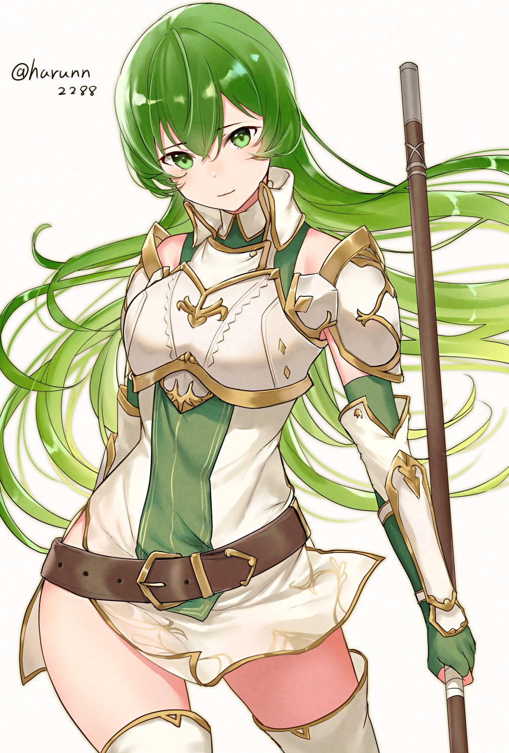 1girl armor bangs belt boots breastplate brown_belt erinys_(fire_emblem) fingerless_gloves fire_emblem fire_emblem:_genealogy_of_the_holy_war fire_emblem_heroes floating_hair gloves green_eyes green_gloves green_hair hair_between_eyes haru_(nakajou-28) head_tilt highres holding holding_lance holding_polearm holding_weapon lance long_hair looking_at_viewer polearm solo thigh-highs thigh_boots twitter_username weapon white_background