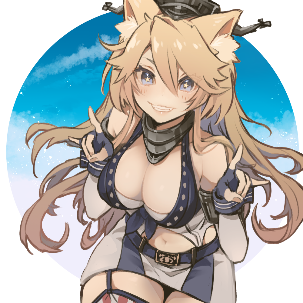 1girl \m/ animal_ear_fluff animal_ears belt blonde_hair blue_eyes breasts commentary_request cowboy_shot fingerless_gloves fox_ears front-tie_top garter_straps gloves grin headgear iowa_(kancolle) kantai_collection large_breasts leaning_forward long_hair looking_at_viewer miniskirt navel ruohire9 skirt smile solo star-shaped_pupils star_(symbol) striped striped_legwear symbol-shaped_pupils thigh-highs vertical-striped_legwear vertical-striped_skirt vertical_stripes