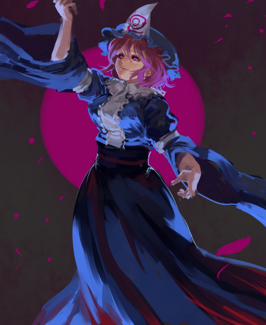 1girl blue_dress blue_headwear blue_sash breasts closed_mouth dress glowing glowing_eyes hand_up hat inishie_kumo long_dress long_sleeves medium_breasts obi pink_hair saigyouji_yuyuko sash smile solo standing touhou violet_eyes wide_sleeves