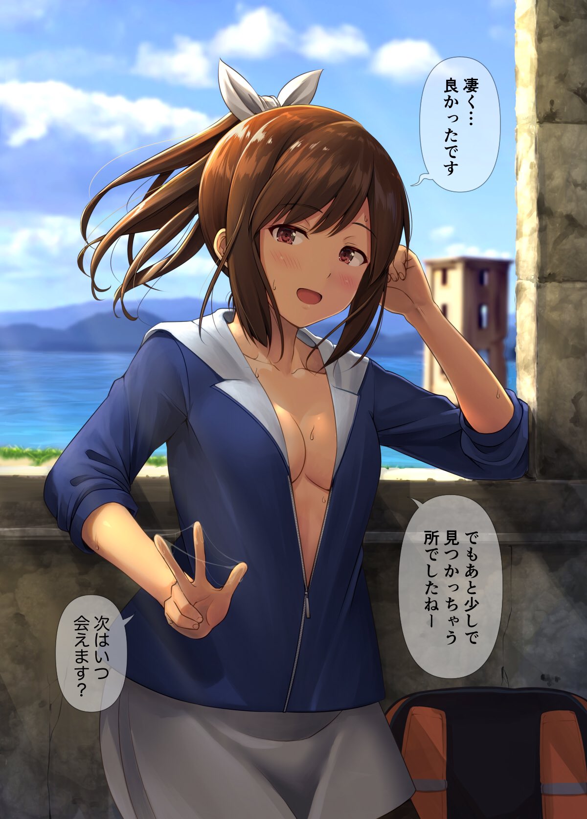 1girl alternate_costume bag blue_jacket blue_sky breasts brown_eyes brown_hair commentary_request cowboy_shot day grey_skirt hair_ornament hairclip highres i-401_(kancolle) ichikawa_feesu jacket kantai_collection looking_at_viewer medium_breasts no_bra ocean open_clothes open_jacket open_mouth ponytail short_hair skirt sky sleeves_rolled_up smile solo tan tower translation_request v