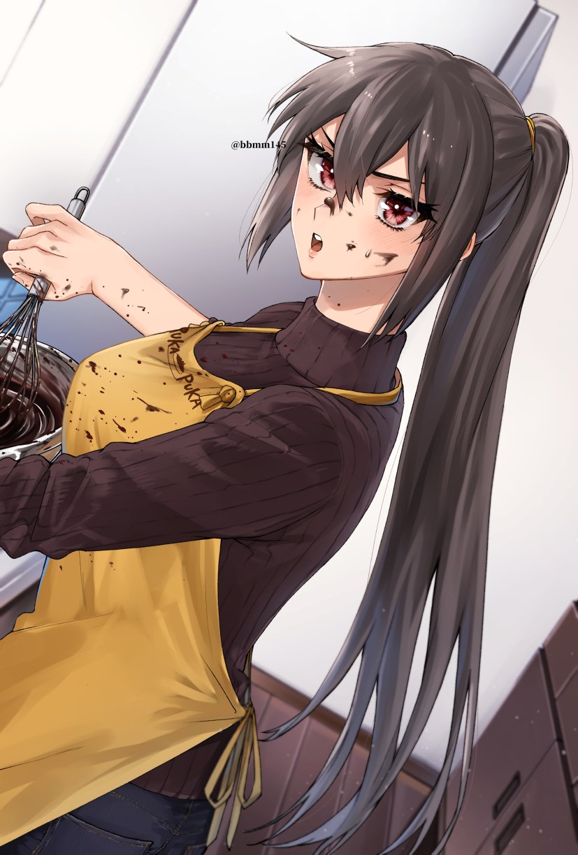 1girl alternate_costume apron black_hair black_sweater bowl chocolate commentary_request cowboy_shot denim dutch_angle highres jeans kantai_collection long_hair looking_at_viewer machi_(ritovoyage) nagato_(kancolle) open_mouth pants red_eyes ribbed_sweater solo sweater twitter_username yellow_apron