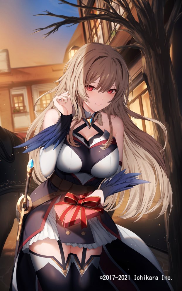 1girl bare_shoulders bare_tree belt blonde_hair blurry blurry_background blush breasts closed_mouth cowboy_shot depth_of_field detached_sleeves evening furen_e_lustario garter_straps genyaky hair_between_eyes hand_up large_breasts long_hair long_sleeves looking_at_viewer miniskirt nijisanji official_art outdoors red_eyes skirt smile solo standing sunset thigh-highs tree watermark white_skirt