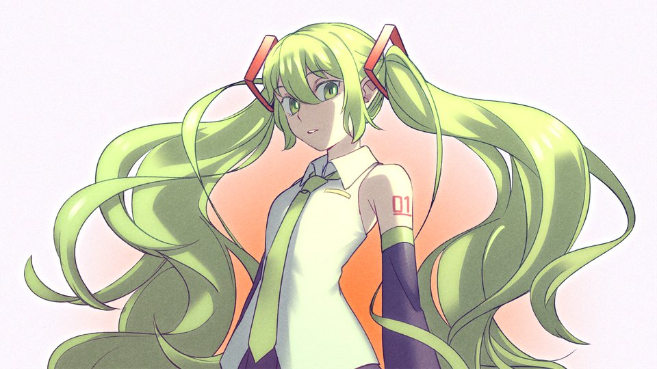 1girl alternate_color alternate_eye_color alternate_hair_color armpit_crease arms_at_sides bare_shoulders collared_shirt curly_hair detached_sleeves expressionless eyebrows_visible_through_hair facing_viewer gradient gradient_background green_eyes green_hair green_neckwear hair_between_eyes hatsune_miku long_hair looking_afar looking_to_the_side necktie number_tattoo orange_background parted_lips shaded_face shiny shiny_hair shirt shoulder_tattoo sidelighting sidelocks simple_background sleeveless sleeveless_shirt solo tattoo torla16 twintails upper_body very_long_hair vocaloid white_background white_shirt