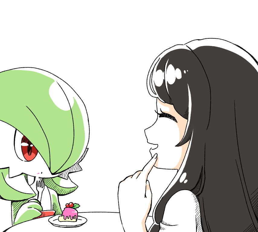 2girls ^_^ bangs berry black_hair bob_cut cake closed_eyes closed_mouth colored_skin commentary_request flat_chest food food_on_face fork from_side gardevoir gen_3_pokemon green_hair green_skin hair_over_one_eye happy holding holding_fork index_finger_raised long_hair muguet multicolored multicolored_skin multiple_girls open_mouth original plate pointing pokemon pokemon_(creature) profile red_eyes shiny shiny_hair shirt short_hair sidelocks sitting smile table two-tone_skin upper_body white_shirt white_skin