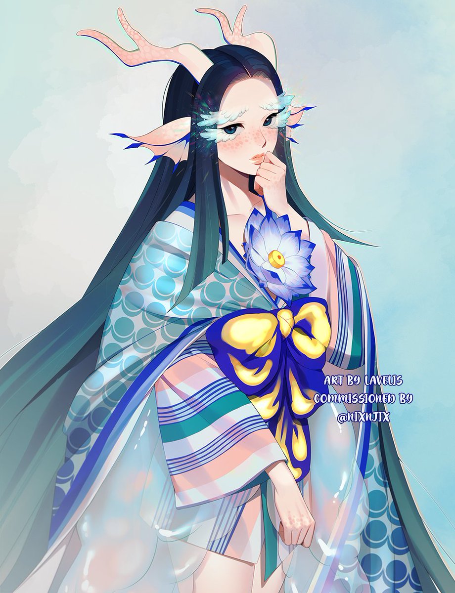 1girl animal_ears antlers artist_name blue_bow blue_eyes blue_flower blue_hair blue_kimono blush bow closed_mouth commentary commission dragon_horns embarrassed english_commentary flower freckles gradient_hair hand_up head_fins highres horns japanese_clothes kimono lavelis long_eyelashes long_hair long_sleeves looking_at_viewer multicolored_hair original shy solo standing very_long_hair