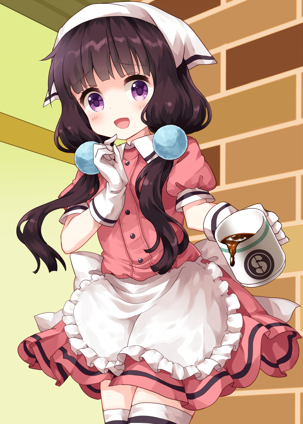 1girl apron bangs black_hair blend_s blunt_bangs buttons coffee coffee_mug collared_shirt cowboy_shot cup eyebrows_visible_through_hair frilled_apron frills gloves head_scarf highres holding holding_cup indoors long_hair low_twintails mug open_mouth pink_shirt pink_skirt puffy_short_sleeves puffy_sleeves ruu_(tksymkw) sakuranomiya_maika shaded_face shirt short_sleeves skirt smile solo standing stile_uniform thigh-highs twintails violet_eyes waist_apron waitress white_apron white_gloves white_headwear white_legwear