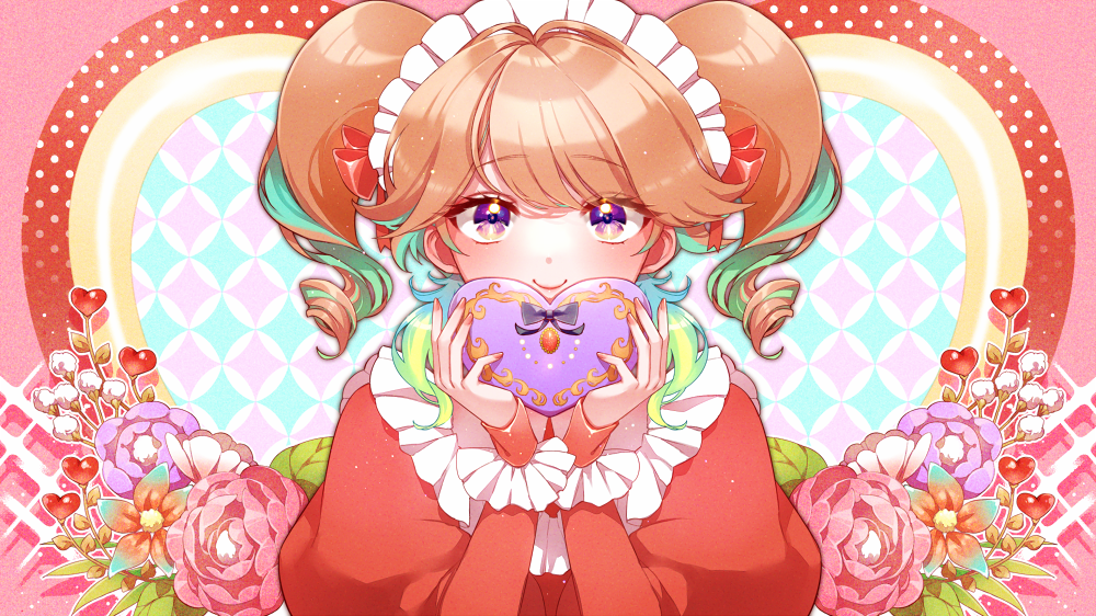 1girl alternate_hairstyle bangs black_bow bow box candy chino_machiko chocolate chocolate_heart dress earrings eyebrows_visible_through_hair feather_earrings feathers flower food frills gradient_hair green_hair hair_behind_ear heart holding holding_box hololive hololive_english jewelry multicolored_hair official_art pink_flower purple_flower red_dress smile solo takanashi_kiara twintails violet_eyes virtual_youtuber