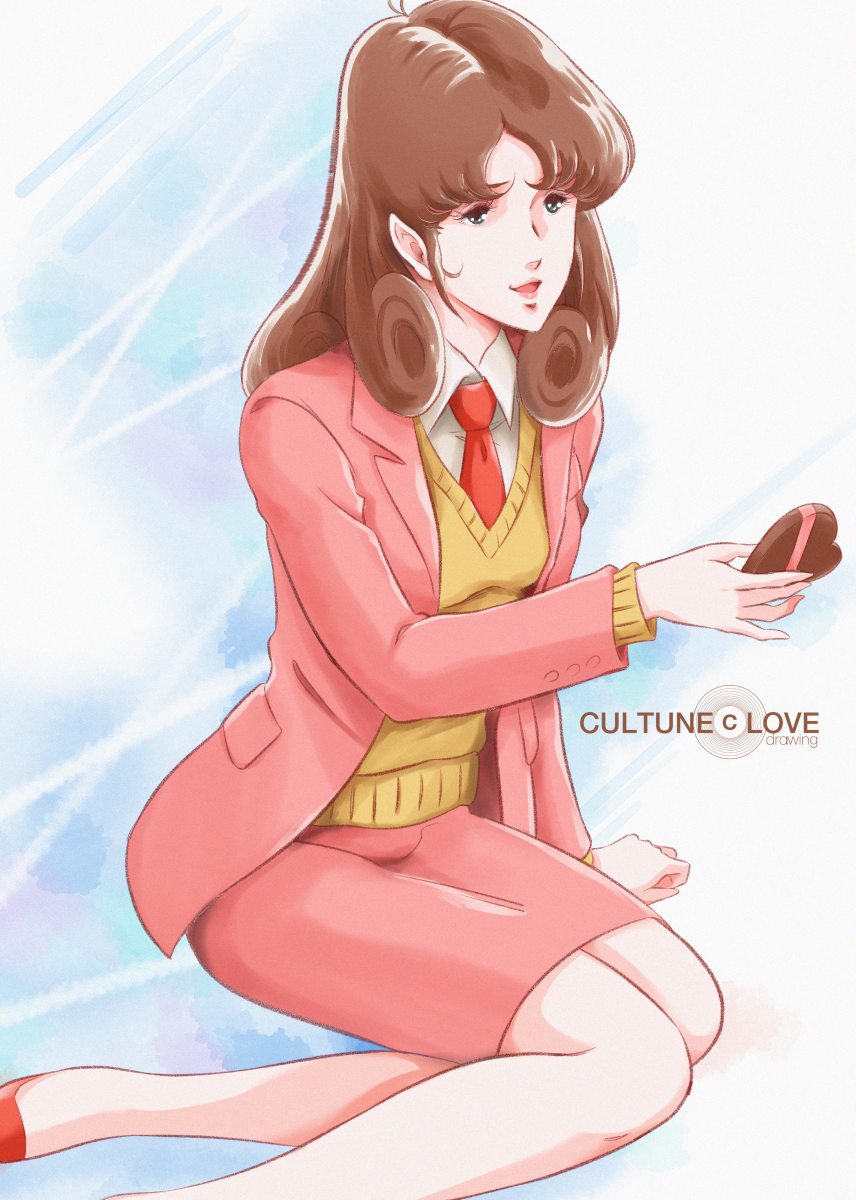 1980s_(style) 1girl brown_hair chocolate choujikuu_yousai_macross commentary_request cookie english_text engrish_text food formal gift hayase_misa highres jacket long_hair macross macross:_do_you_remember_love? necktie official_style open_mouth ranguage retro_artstyle ribbon robotech science_fiction sideburns sitting skirt sweater valentine waeba_yuusee