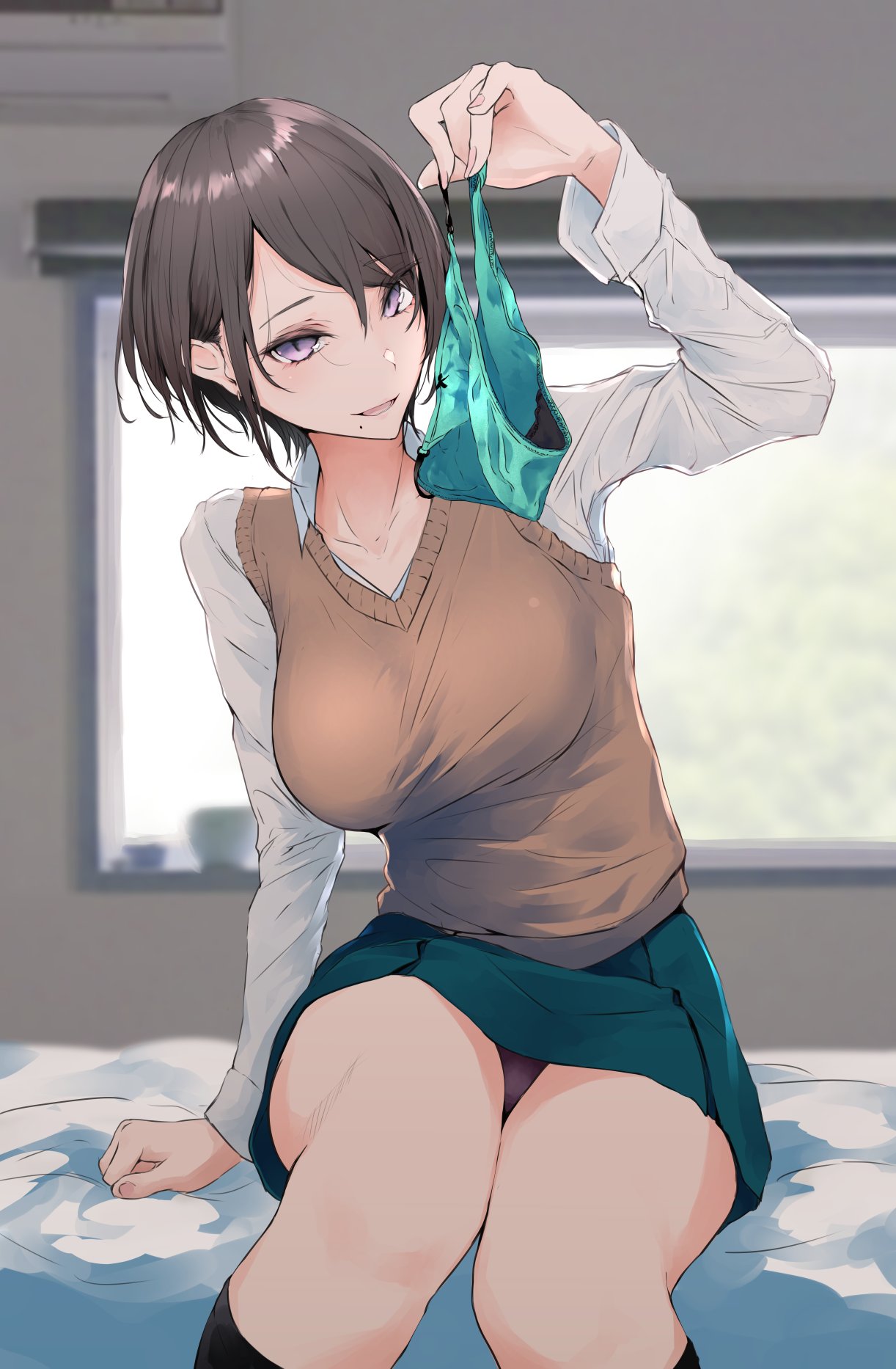 akiyama_cz4a bed bedroom breasts brown_hair green_panties highres holding holding_clothes holding_panties holding_underwear large_breasts original panties short_hair sitting skirt solo sweater_vest underwear window