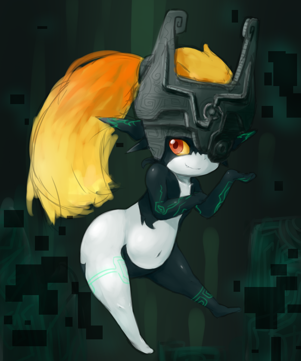 1girl black_skin blonde_hair closed_mouth collarbone colored_sclera colored_skin commentary fang fang_out flat_chest full_body gradient_hair green_background hands_up happy helmet highres imp kagehito_(hitokage22) long_hair looking_to_the_side midna multicolored multicolored_hair multicolored_skin navel neon_trim one_eye_covered orange_hair pointy_ears ponytail red_eyes shiny shiny_skin smile solo stomach symbol_commentary the_legend_of_zelda the_legend_of_zelda:_twilight_princess tied_hair two-tone_skin white_skin wide_hips yellow_sclera