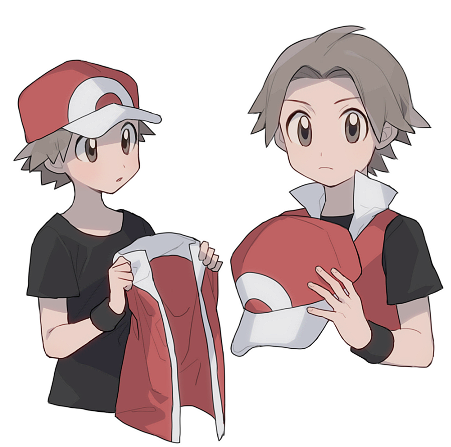 1boy baseball_cap black_shirt black_wristband brown_eyes closed_mouth commentary_request fingernails hat holding holding_clothes holding_hat holding_jacket jacket looking_at_viewer male_focus multiple_views oshi_taberu pokemon pokemon_(game) pokemon_frlg popped_collar red_(pokemon) red_headwear shirt short_hair short_sleeves simple_background sleeveless sleeveless_jacket t-shirt upper_body white_background