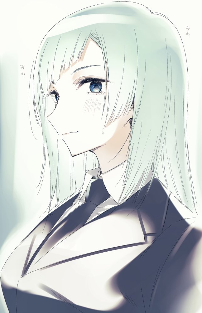 1girl black_jacket black_neckwear blue_eyes closed_mouth collared_shirt copyright_request green_hair jacket looking_at_viewer necktie nekoume shirt smile solo sweat upper_body white_shirt wing_collar
