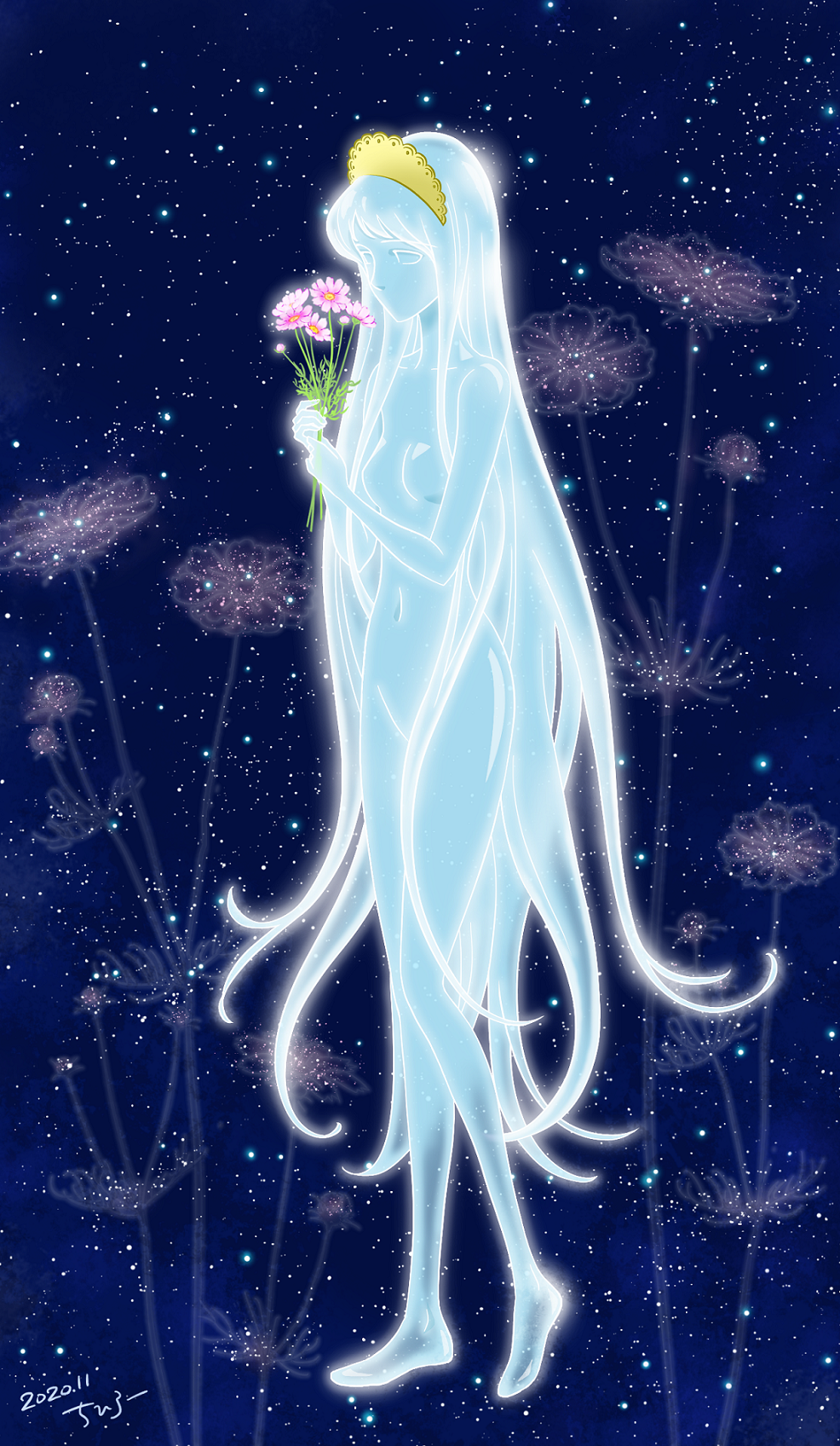 1girl barefoot blue_hair blue_skin chihiroo2202 claire_(ginga_tetsudou_999) colored_skin crystal dated flower full_body ginga_tetsudou_999 highres holding holding_flower long_hair navel nude sky solo space standing star_(sky) starry_sky tiara very_long_hair