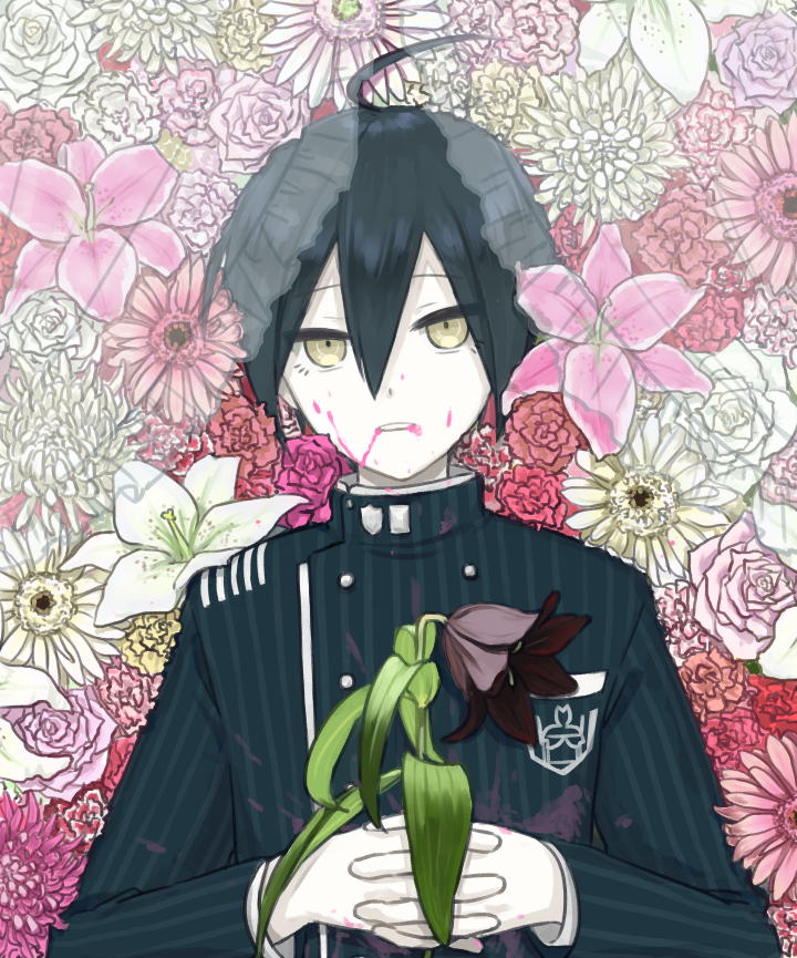 1boy ahoge bangs black_flower black_hair blood blood_from_mouth brown_eyes closed_mouth commentary_request dangan_ronpa_(series) dangan_ronpa_v3:_killing_harmony double-breasted floral_background flower from_above hair_between_eyes hands_up holding holding_flower jacket kana_(kttn_r) long_sleeves looking_at_viewer lying male_focus on_back pale_skin pink_blood pink_flower pink_rose red_flower rose saihara_shuuichi short_hair solo striped_jacket upper_body