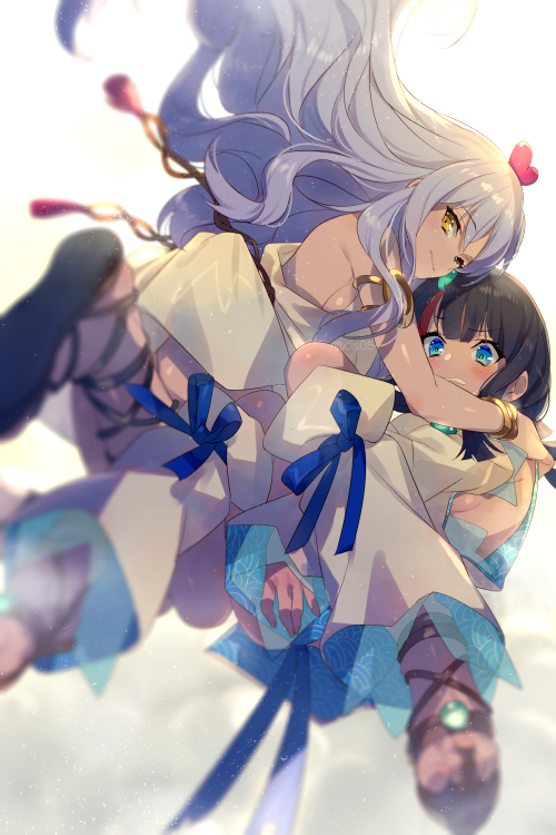 2girls armlet bangs bare_shoulders black_hair blue_eyes blue_ribbon blush bracelet breasts caren_hortensia caren_hortensia_(amor_caren) cis05 closed_mouth commentary_request dress eyebrows_visible_through_hair fate/grand_order fate/requiem fate_(series) floating floating_hair fundoshi gold_trim hair_between_eyes hair_ornament heart heart_hair_ornament hug japanese_clothes jewelry long_hair looking_at_viewer magatama magatama_hair_ornament multicolored_hair multiple_girls open_mouth pink_hair ribbon sandals short_dress short_hair sideboob sideless_outfit simple_background smile streaked_hair teeth twitter_username two-sided_fabric utsumi_erise wavy_hair white_background white_dress white_hair yellow_eyes