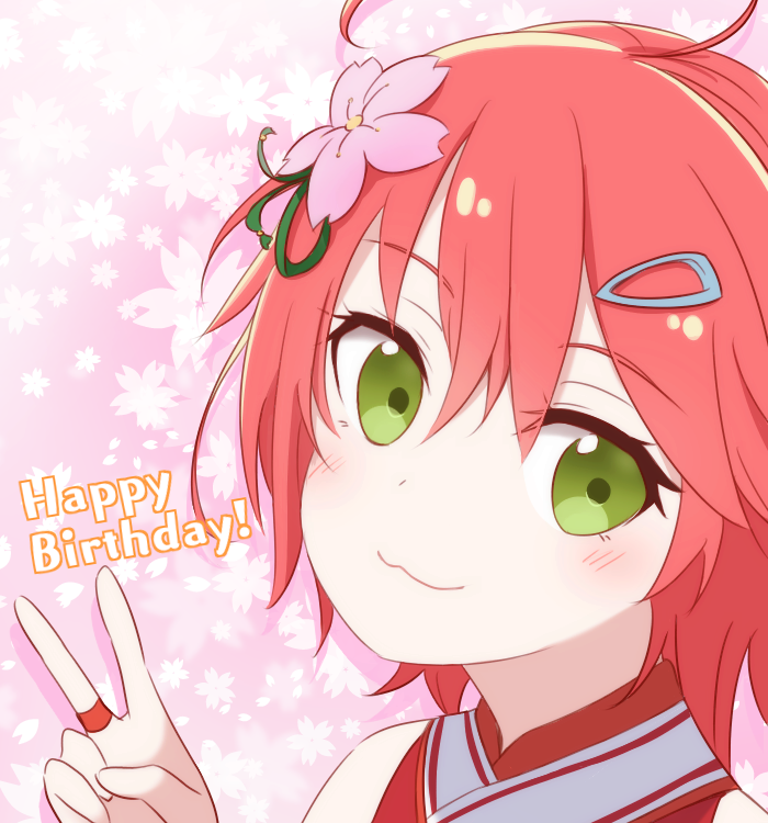1girl :3 ahoge bare_shoulders blush closed_mouth floral_background flower green_eyes hair_flower hair_ornament hairclip happy_birthday hololive looking_at_viewer nogi_(nogi238) nontraditional_miko pink_background portrait redhead sakura_miko short_hair smile solo v virtual_youtuber
