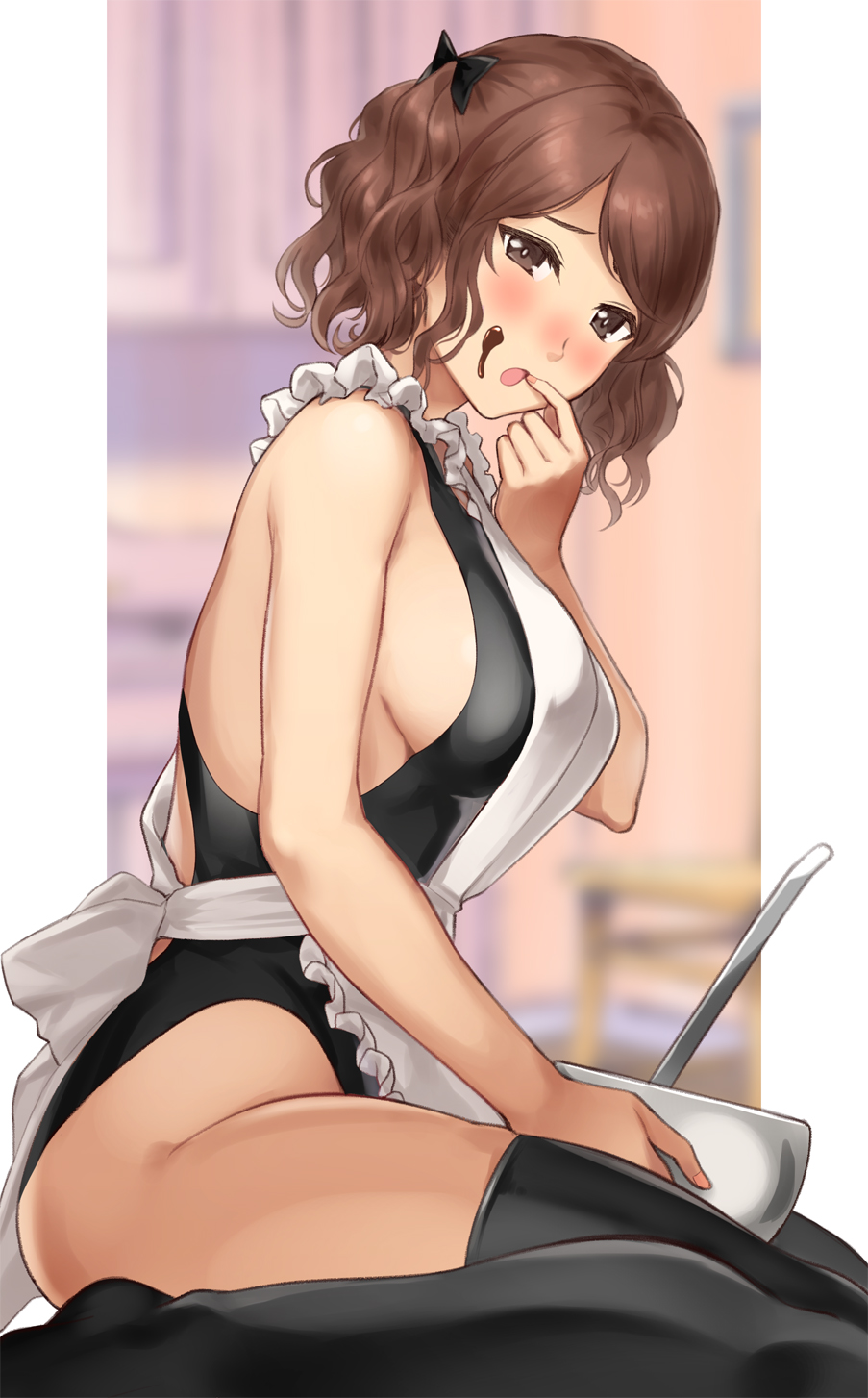1girl amagami apron bangs black_legwear black_swimsuit blush bowl breasts brown_eyes brown_hair chocolate chocolate_on_face food food_on_face hair_ribbon highleg highleg_swimsuit highres ladle large_breasts looking_at_viewer nakata_sae one-piece_swimsuit open_mouth ribbon serizawa_(serizawaroom) short_hair short_twintails sideboob sitting solo swimsuit swimsuit_under_clothes thigh-highs twintails valentine wariza white_apron