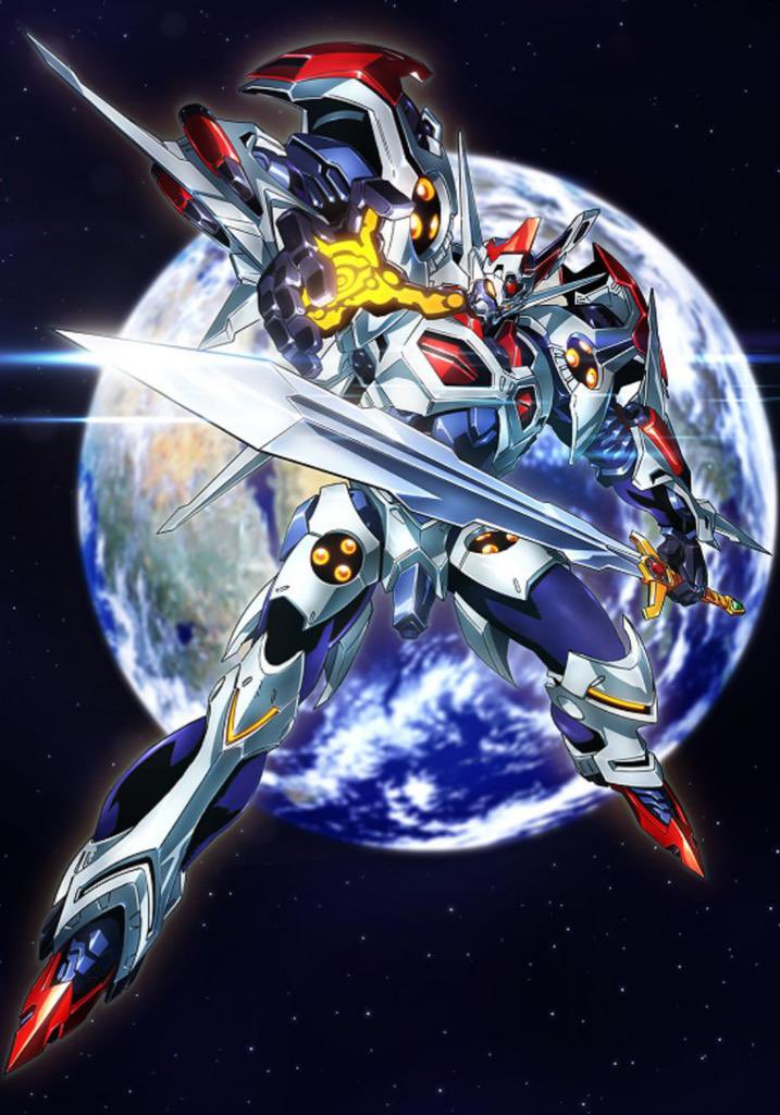 dangaioh_hyper_combat_unit dangaiou earth_(planet) glowing glowing_eyes glowing_hand holding holding_sword holding_weapon mecha no_humans oobari_masami open_hand planet science_fiction solo space star_(sky) super_robot sword weapon yellow_eyes