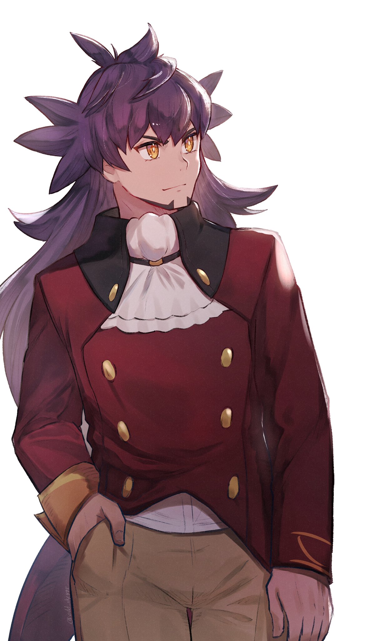 1boy bangs buttons closed_mouth commentary cravat dark_skin dark_skinned_male facial_hair hand_in_pocket highres leon_(pokemon) long_hair long_sleeves looking_to_the_side male_focus odd_(hin_yari) pokemon pokemon_(game) pokemon_swsh purple_hair simple_background solo tailcoat white_background white_neckwear yellow_eyes