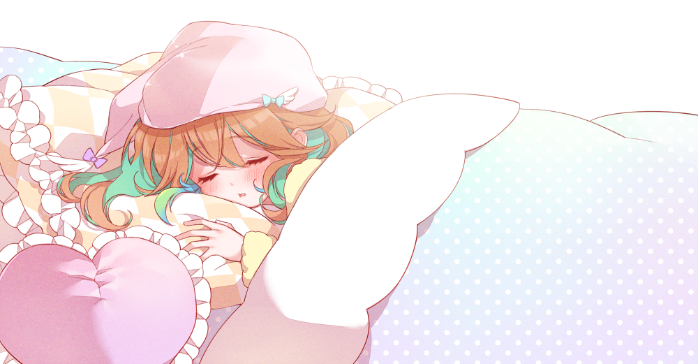 1girl bangs blush chino_machiko colored_inner_hair eyebrows_visible_through_hair green_hair hair_behind_ear hat heart hololive hololive_english multicolored_hair official_art open_mouth orange_hair pajamas pillow pink_headwear sleeping solo takanashi_kiara under_covers virtual_youtuber