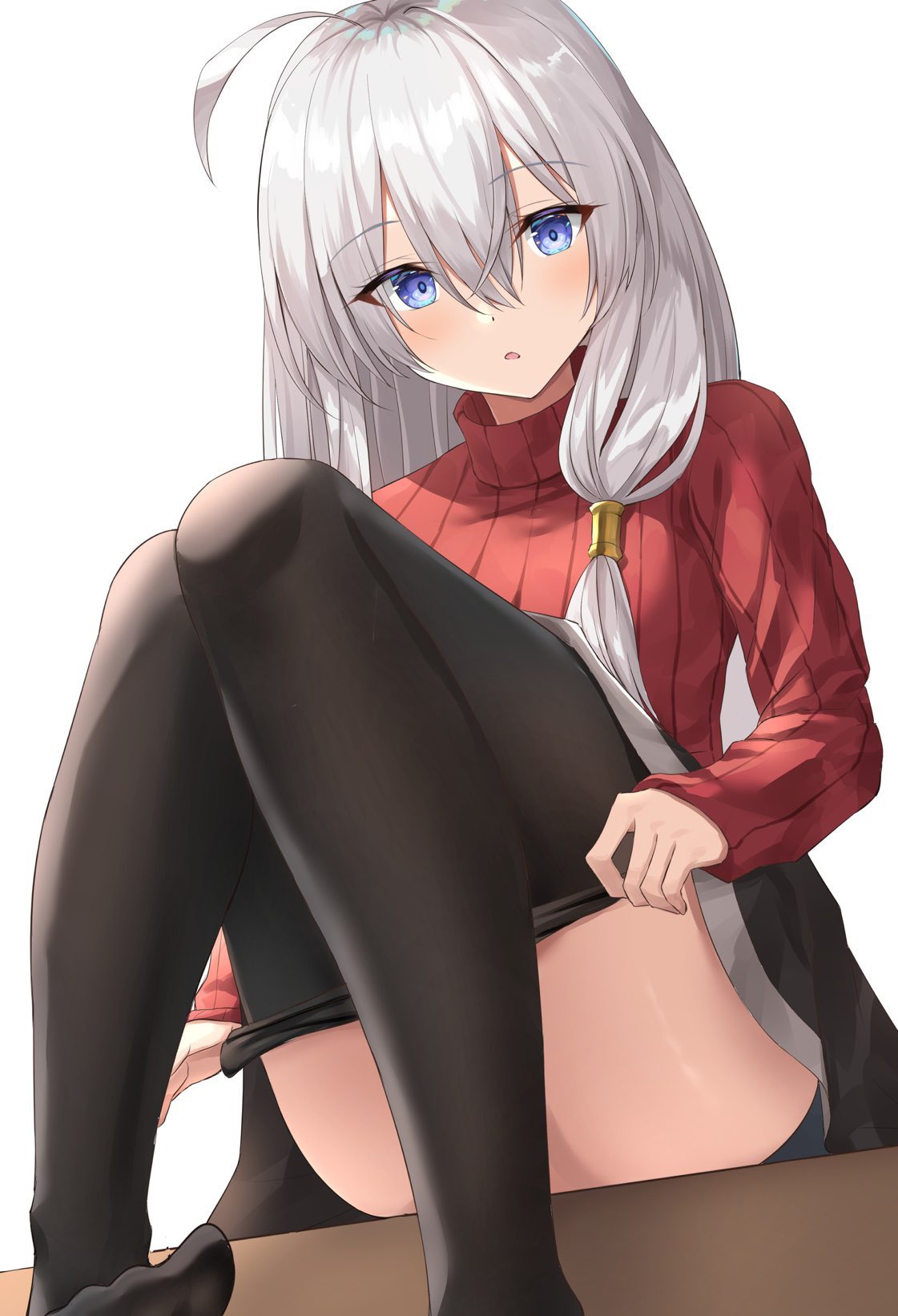 1girl ahoge ass_visible_through_thighs bangs black_legwear blue_eyes elaina_(majo_no_tabitabi) hair_between_eyes highres kanaria_(kanari_as) long_hair looking_at_viewer majo_no_tabitabi pantyhose parted_lips red_sweater silver_hair simple_background sweater undressing white_background