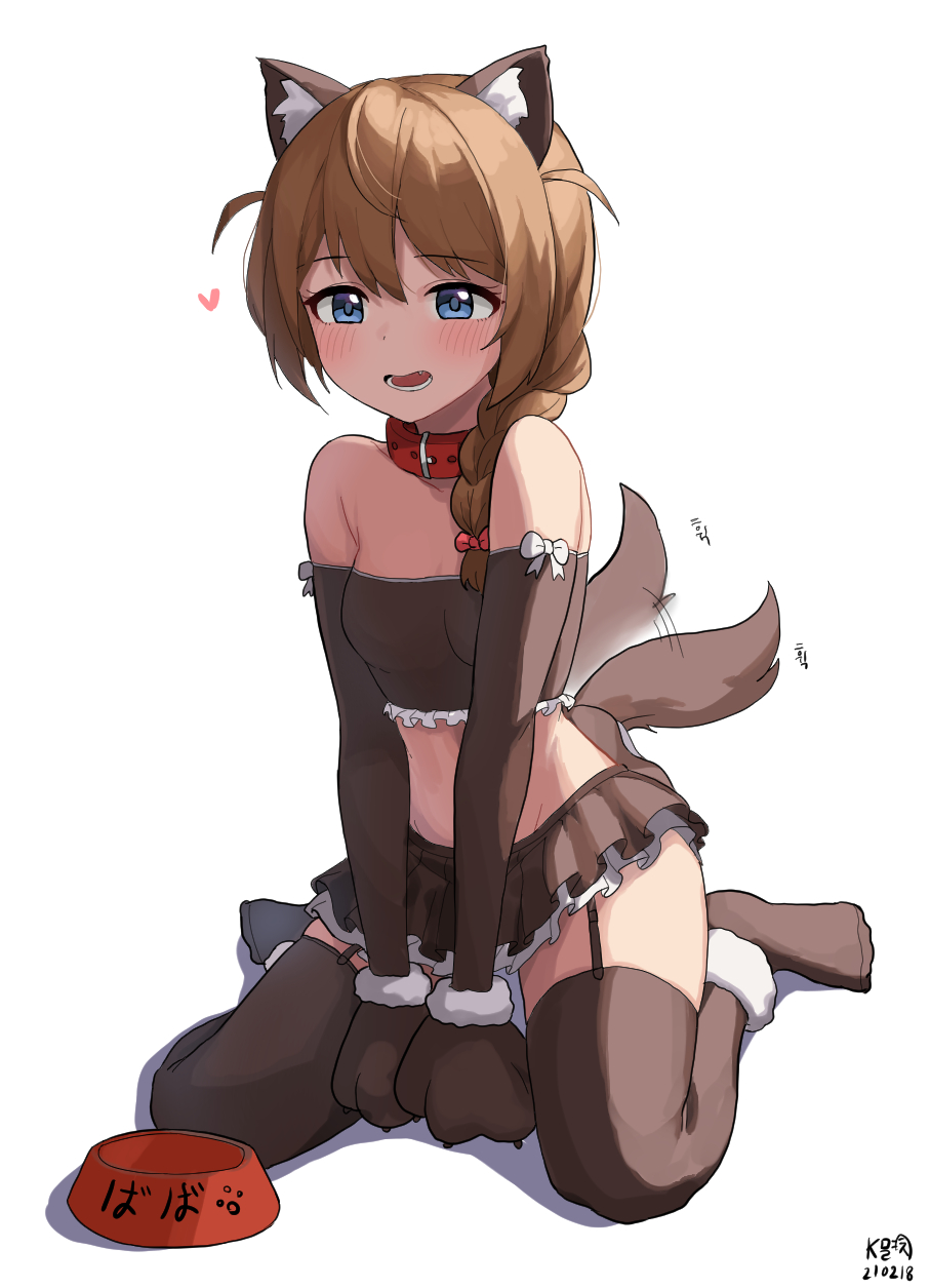 1girl afterimage animal_ears armpit_crease baba_konomi bandeau bare_shoulders between_legs black_gloves black_legwear black_skirt braid breasts collar crop_top dog_ears dog_tail elbow_gloves frills garter_straps gloves hair_over_shoulder highres idolmaster idolmaster_million_live! kemonomimi_mode kneeling layered_skirt long_hair microskirt midriff miniskirt myeolchi paw_gloves paws simple_background single_braid skirt sleeveless small_breasts solo stomach strapless tail tail_wagging thigh-highs thighs white_background zettai_ryouiki