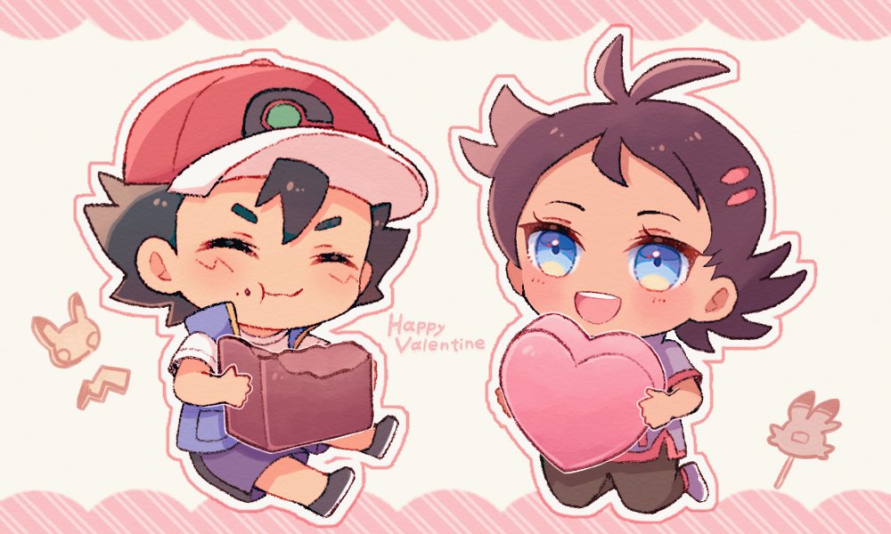 2boys :d :t antenna_hair ash_ketchum bangs baseball_cap blue_eyes brown_hair closed_eyes closed_mouth commentary_request eating eyelashes food food_on_face gen_1_pokemon gen_8_pokemon goh_(pokemon) happy_valentine hat holding male_focus multiple_boys open_mouth pikachu pokemon pokemon_(anime) pokemon_swsh_(anime) scorbunny seri_813 shirt shoes shorts sleeveless sleeveless_jacket smile t-shirt teeth tongue valentine white_shirt