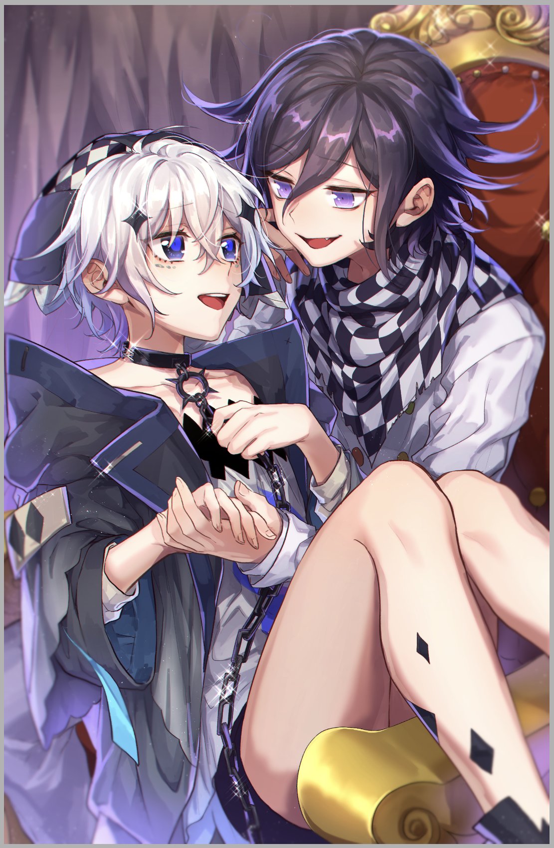 2boys :d bangs black_hair black_jacket blue_eyes chain chair character_request checkered checkered_scarf collar collarbone commentary_request copyright_request curtains dangan_ronpa_(series) dangan_ronpa_v3:_killing_harmony fang hair_between_eyes highres holding_hands jacket long_sleeves looking_at_another looking_at_viewer male_focus metal_collar multiple_boys nanin open_clothes open_jacket open_mouth ouma_kokichi purple_hair scarf shiny shiny_hair shirt short_hair sitting sitting_on_person smile upper_teeth violet_eyes white_hair white_jacket