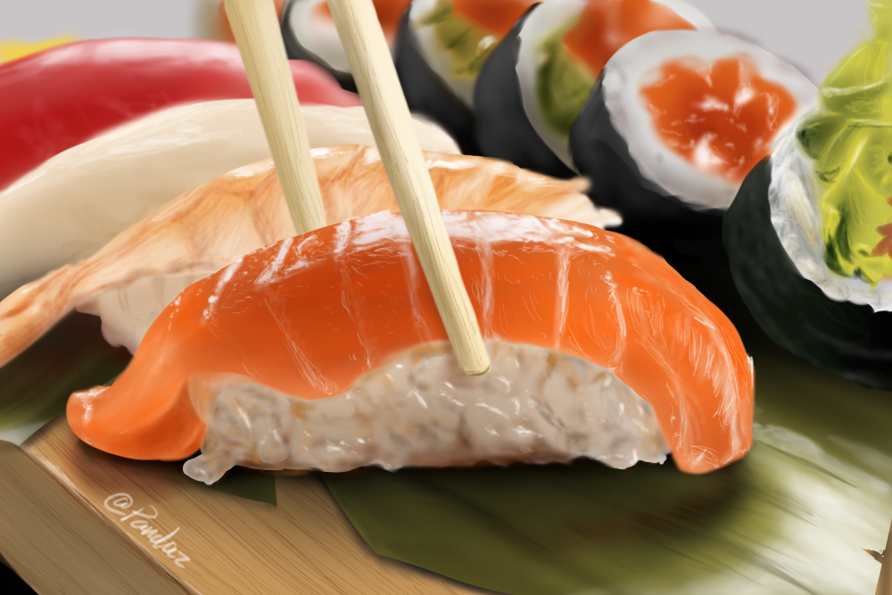 artist_name blurry blurry_background chopsticks close-up derivative_work fish food food_focus leaf makizushi meat nigirizushi no_humans original pandaz_(pandazex) realistic rice seafood seaweed still_life sushi sushi_geta tray vegetable