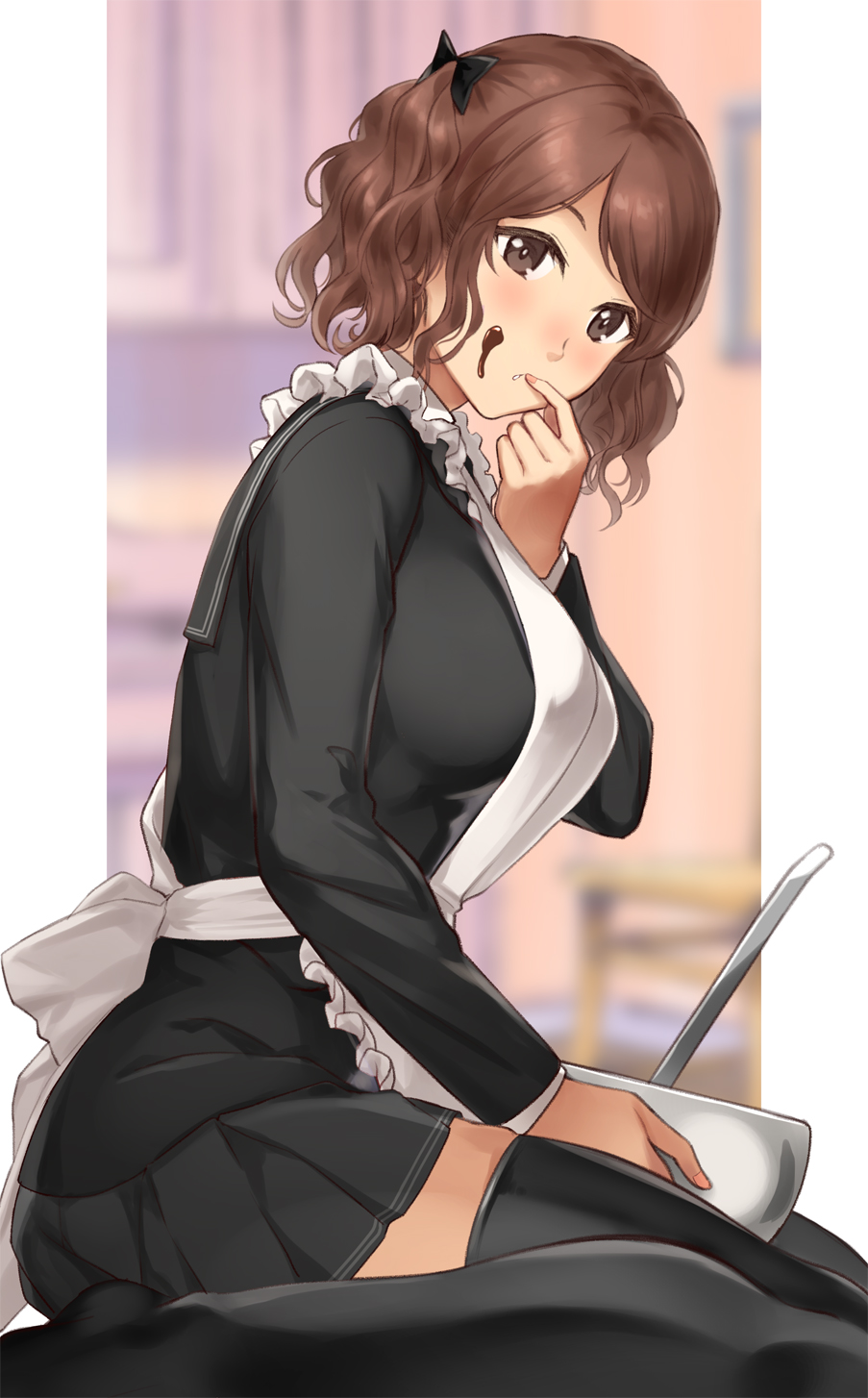 1girl amagami apron bangs black_legwear black_sailor_collar black_shirt black_skirt bowl breasts brown_eyes brown_hair chocolate chocolate_on_face commentary_request food food_on_face from_side hair_ribbon highres ladle large_breasts looking_at_viewer looking_to_the_side nakata_sae parted_lips pleated_skirt ribbon sailor_collar school_uniform serafuku serizawa_(serizawaroom) shirt short_hair short_twintails sitting skirt solo thigh-highs twintails valentine wariza white_apron zettai_ryouiki