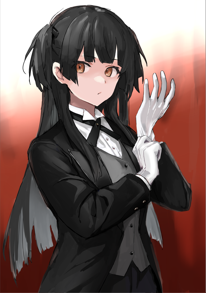 1girl adjusting_clothes adjusting_gloves ascot bangs black_hair black_pants blunt_bangs blunt_ends brown_eyes butler collared_shirt eyebrows_visible_through_hair female_butler gloves idolmaster idolmaster_shiny_colors indoors long_hair looking_away mayuzumi_fuyuko pants shirt simple_background solo suit_jacket two_side_up vest world_create