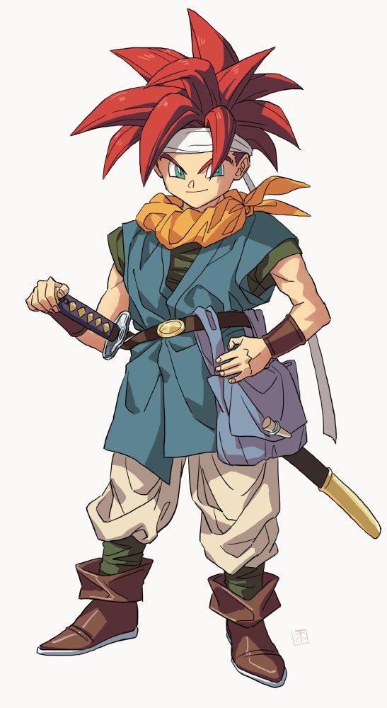 1boy artist_name bag belt black_belt black_footwear black_shirt blue_eyes blue_tunic boots bracer carrying chrono_trigger closed_mouth commentary_request crono_(chrono_trigger) hand_on_hip holding holding_sword holding_weapon hosodayo katana looking_at_viewer male_focus orange_bandana pants redhead satchel shirt short_hair short_sleeves signature simple_background smile spiky_hair standing sword tunic weapon white_background white_pants