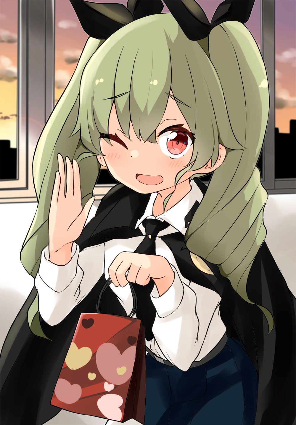 1girl anchovy_(girls_und_panzer) anzio_school_uniform bag bangs barashiya black_cape black_neckwear black_ribbon black_skirt cape commentary dress_shirt drill_hair eyebrows_visible_through_hair girls_und_panzer green_hair hair_ribbon heart highres holding holding_bag indoors long_hair long_sleeves looking_at_viewer miniskirt necktie one_eye_closed open_mouth pleated_skirt red_eyes ribbon school_uniform shirt skirt smile solo standing twin_drills twintails valentine white_shirt wing_collar