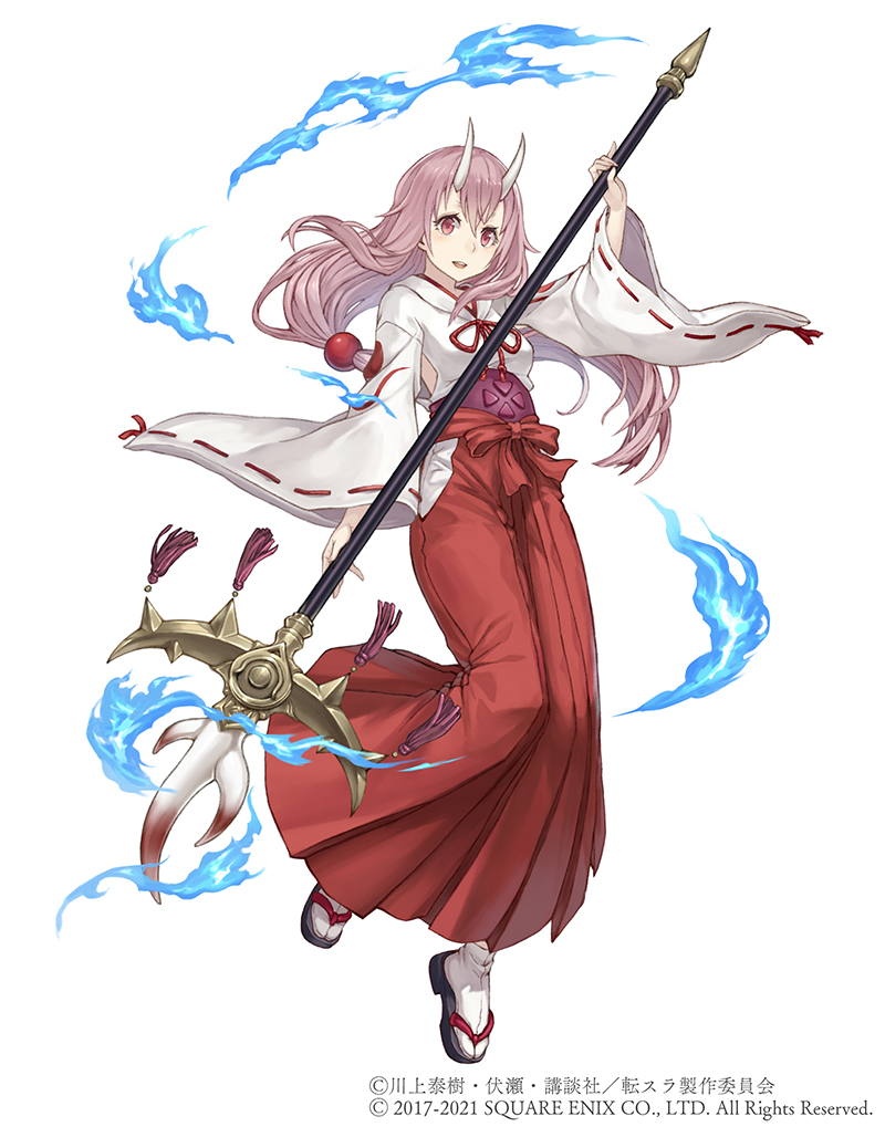 1girl :d blue_fire crossover fire full_body hakama horns japanese_clothes ji_no kimono long_hair looking_at_viewer miko official_art open_mouth pink_hair polearm red_eyes red_hakama sandals sash shuna_(tensei_shitara_slime_datta_ken) sinoalice smile solo spear square_enix tassel tensei_shitara_slime_datta_ken upper_teeth weapon white_background white_kimono wide_sleeves