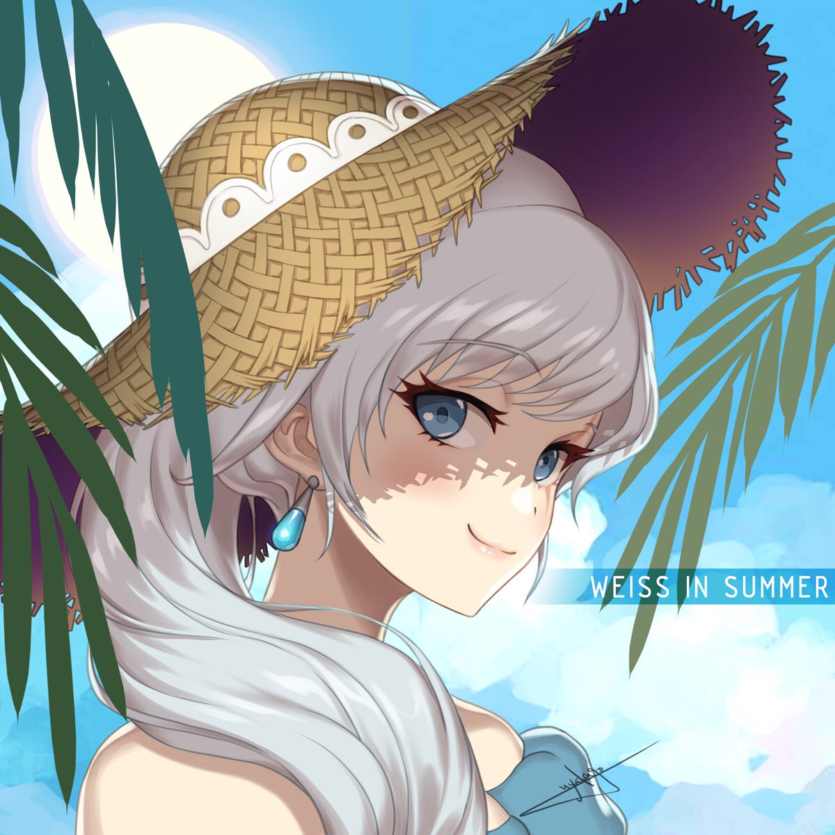 1girl blue_eyes character_name closed_mouth day earrings eyebrows_visible_through_hair hair_over_shoulder hat highres jewelry long_hair outdoors portrait rwby scar scar_across_eye shiny shiny_hair signature silver_hair smile solo straw_hat sun_hat uyalago weiss_schnee