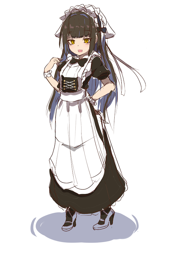 1girl apron bangs black_bow black_hair blunt_bangs bow bowtie brown_eyes commentary_request full_body hand_up high_heels imouto_meido long_hair maid maid_headdress official_art open_mouth original rai_(sakuranbo_sugar) scrunchie short_sleeves simple_background sketch solo standing very_long_hair white_background wrist_scrunchie